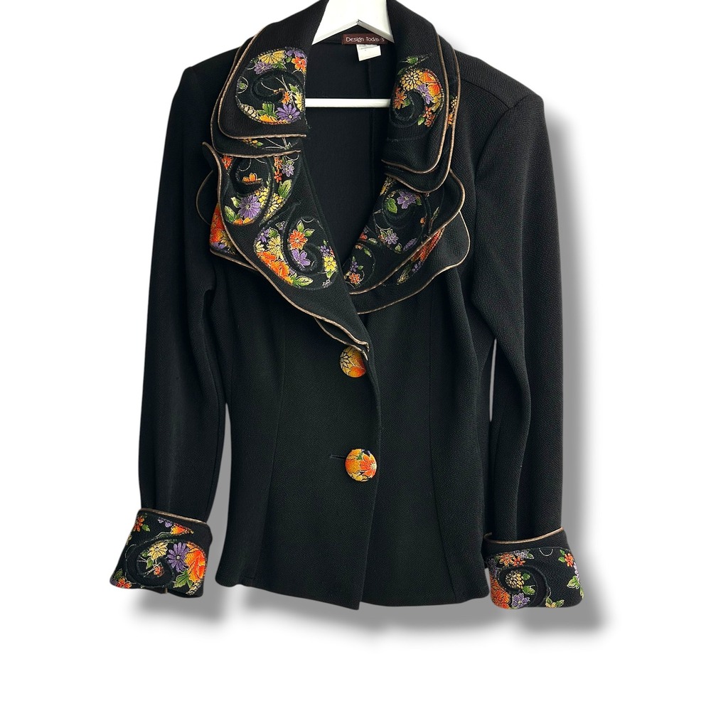 Design Today's Black Floral Embroidered‎ Ruffle Collar Blazer Jacket L